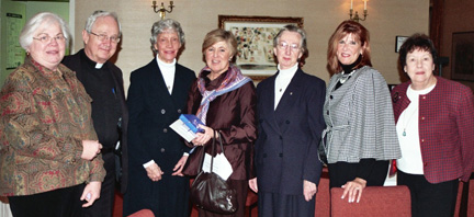 From left: Mary Ann Morowitz, Immediate Past President LCUSA; John Freund, CM, who presided at the Mass and Investiture; Shelia O’Friel, DC; Mary Beth O’Brien, Past President, LCUSA; Margaret John Kelly, DC, Moderator of the St. John’s Association; Dr. Joanne M. Robertson, President of the St. John’s Association; and Maureen Driskill, Archdiocese of New York, and Northeast Region LCUSA Board Member, at the luncheon following the Investiture.